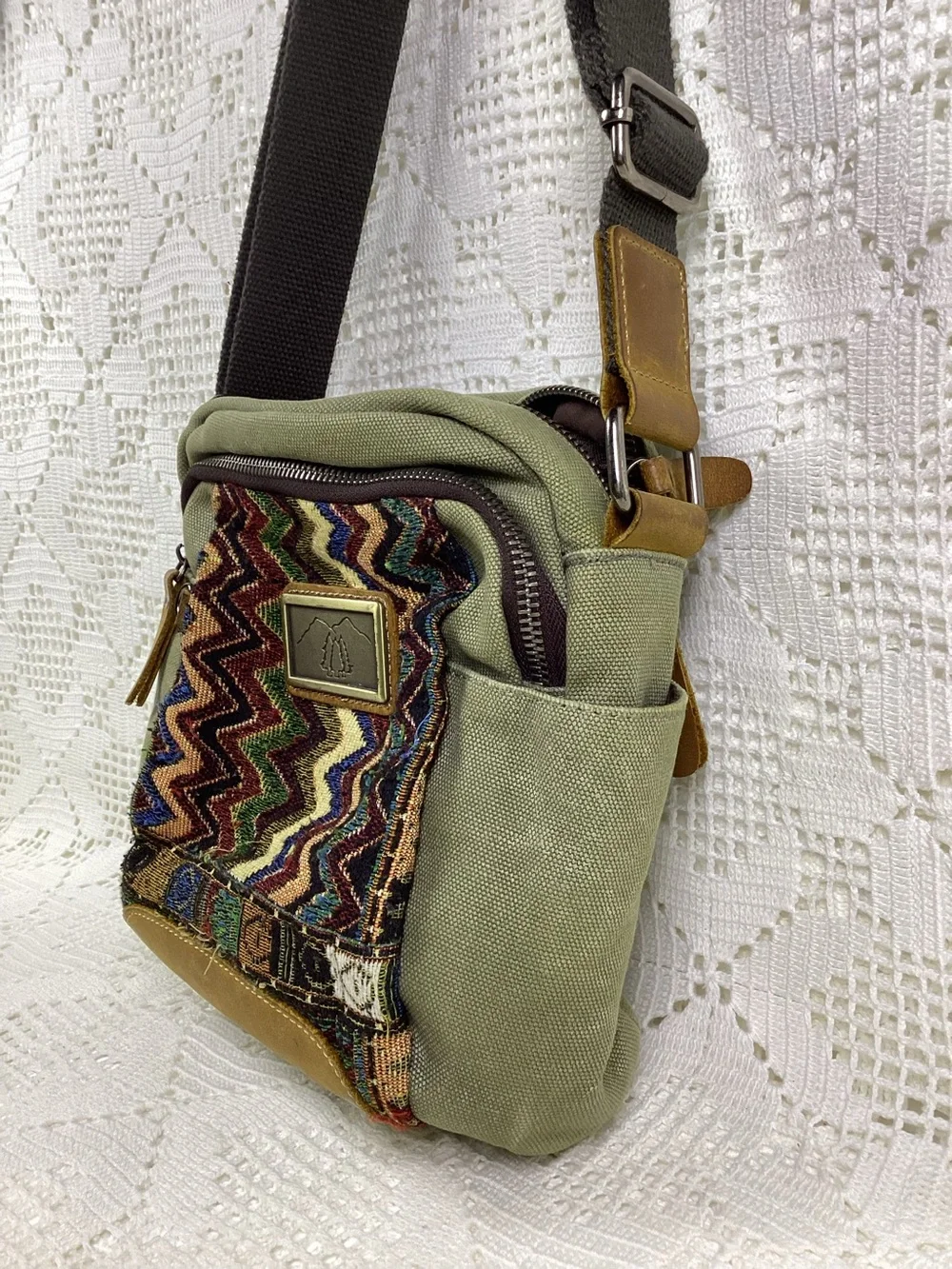 Drift stone Olive Green Canvas Crossbody Bag with Multicolor Zigzag Accent